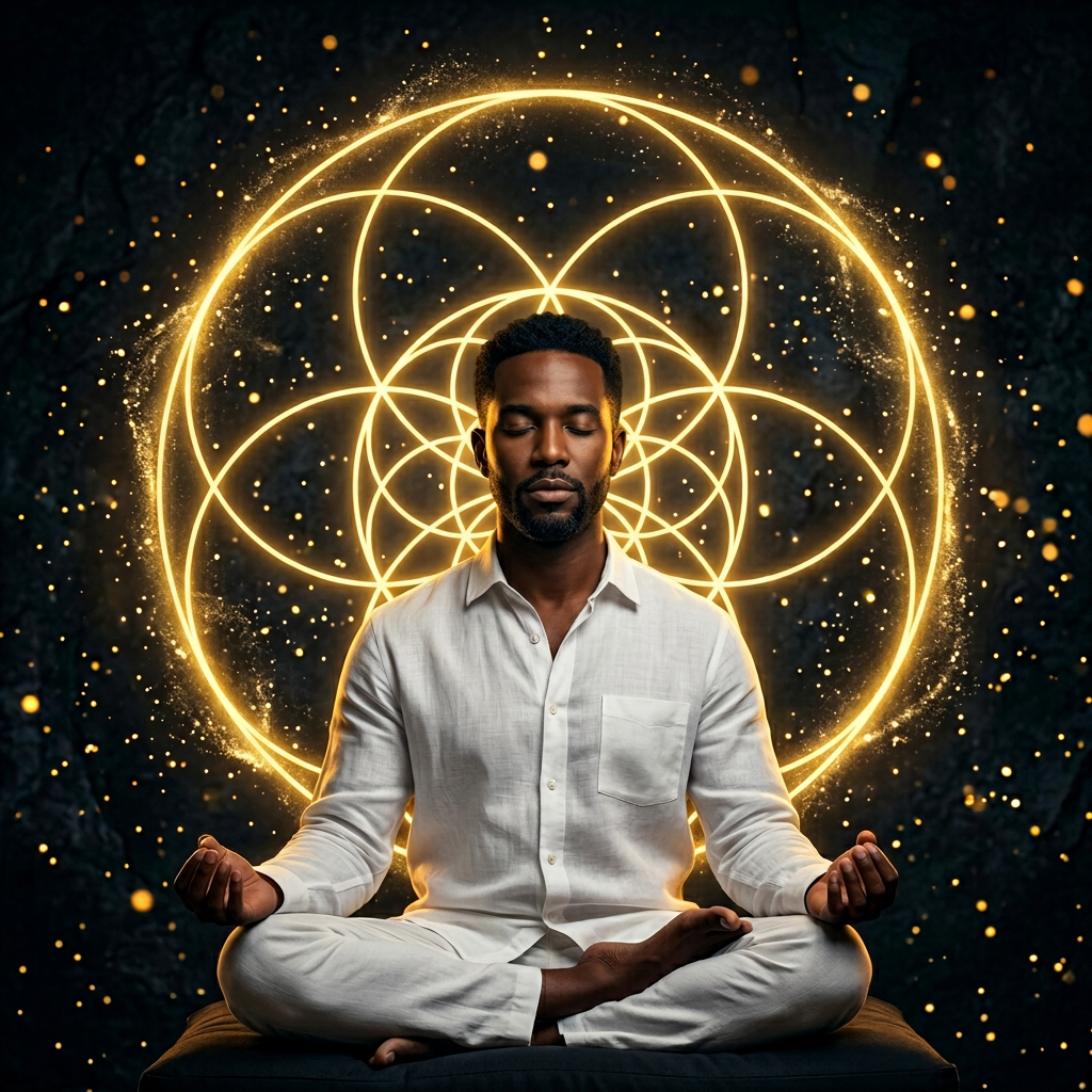 Homme antillais en méditation devant la Fleur de Vie base 12 dorée et vibrante